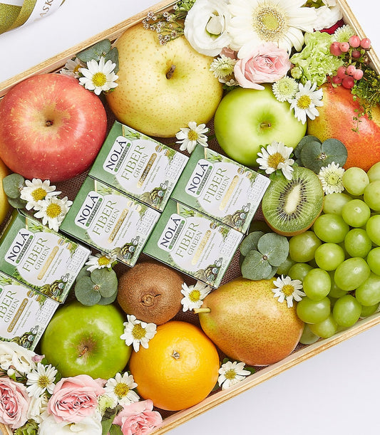 Premium fresh fruit gift basket with apples, pears, kiwi, grapes, roses and wellness supplements