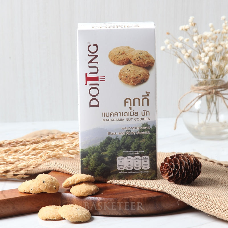 DoiTung macadamia nut cookies with sesame in white gift box, artisan Thai gourmet hamper ingredient