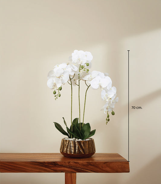 White artificial orchid potted plant with gold metallic geometric planter, 70cm tall luxury gift