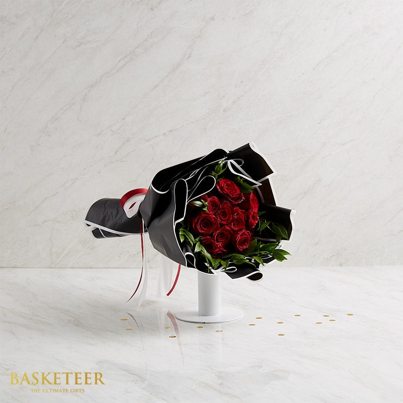 Premium red rose bouquet with black wrap and red ribbon, fresh Ecuador roses with greenery