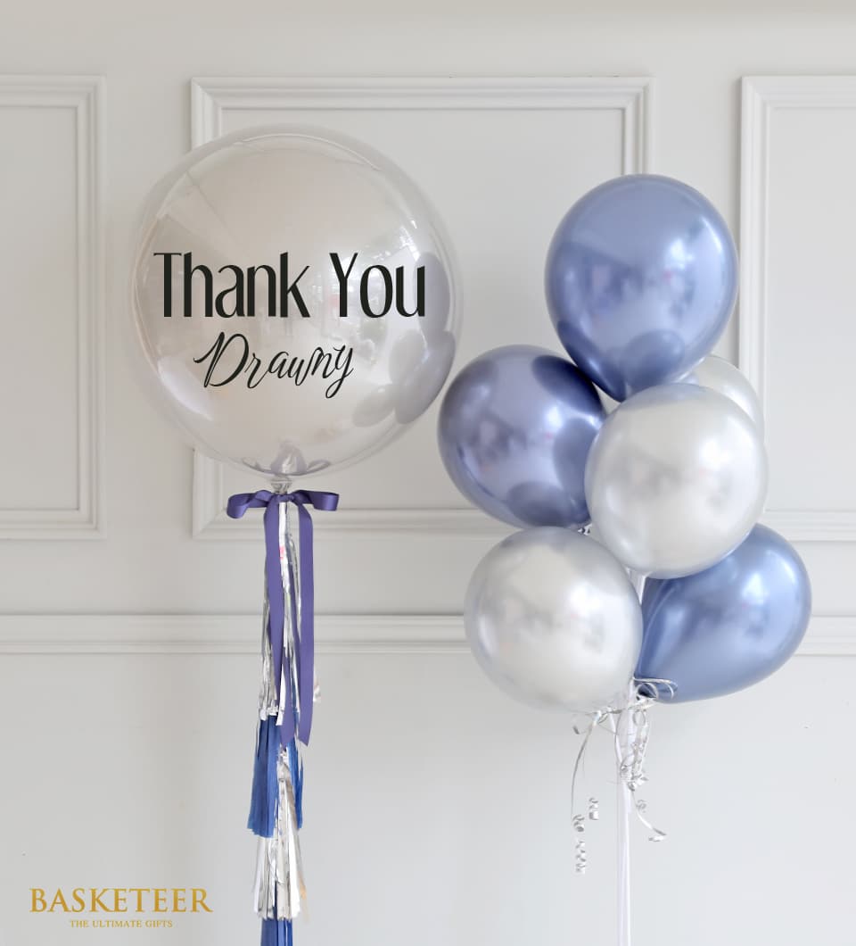 Gray and silver metallic balloon gift set with thank you bubble balloon and ribbon streamers for celebrations