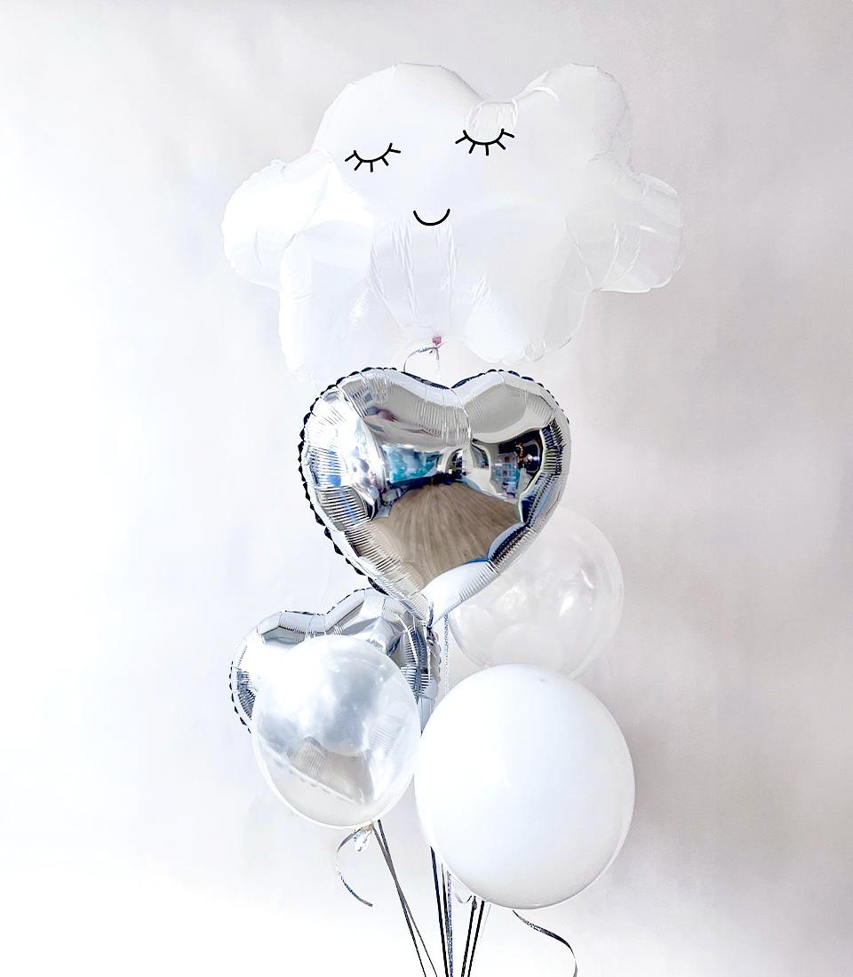 White cloud smiley balloon bouquet with silver hearts, perfect for kids' birthdays