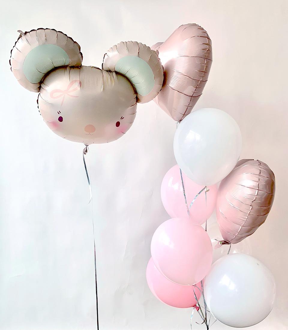 Pink and mint mouse foil balloon with rose gold hearts and white latex balloons, kids birthday party set