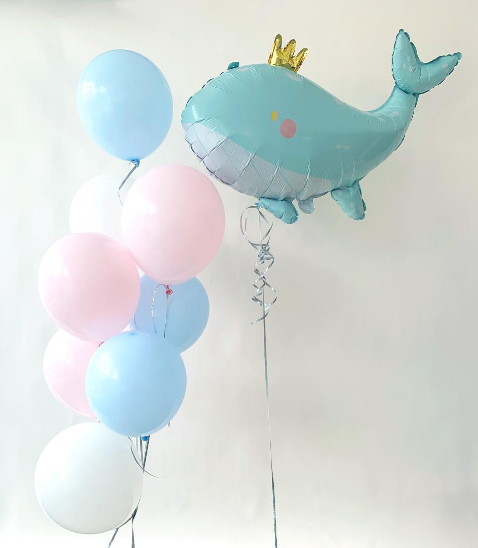 Pastel blue whale foil balloon with gold crown and pink latex balloons, kids birthday gift arrangement
