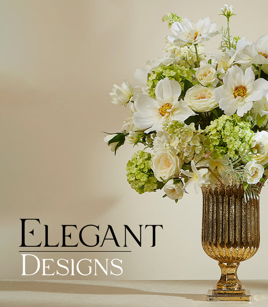 Cream and white artificial flowers with yellow centers in ornate gold vase, perfect for home décor and congratulations