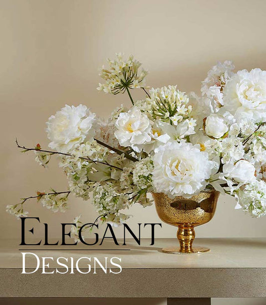 Luxurious white peony artificial flower arrangement in textured gold footed bowl