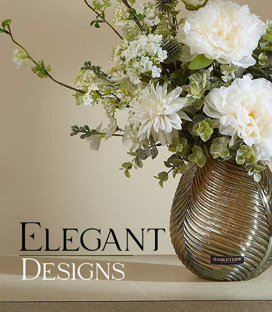 Elegant white peony and dahlia artificial flower arrangement in iridescent bronze textured glass vase