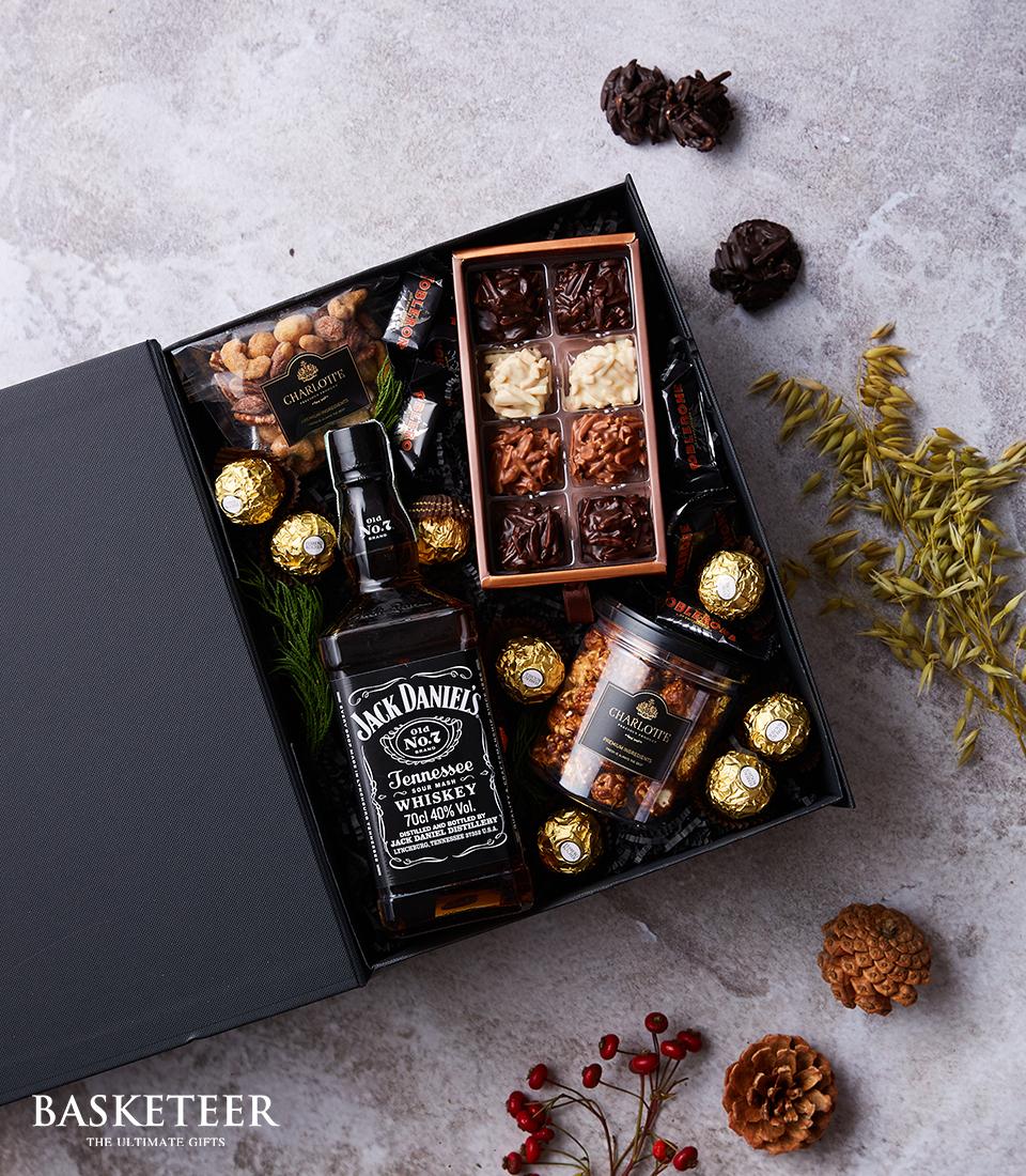 Luxury gift box with Jack Daniel's Tennessee Whiskey, Charlotte chocolates, nuts, and caramel popcorn