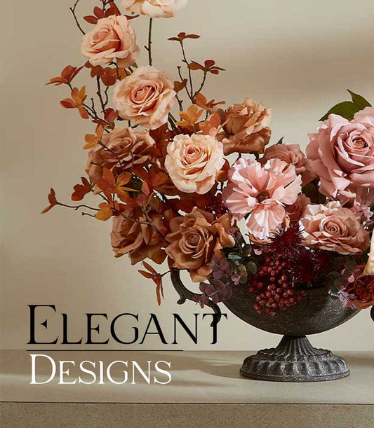 Autumn's Harvest Glow artificial flower arrangement in pedestal urn with peach roses, blush pink blooms, and burgundy foliage