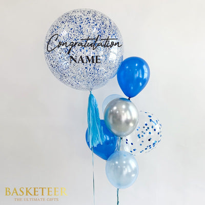 Blue and gray congratulations balloon bouquet with confetti-filled bubble and personalization