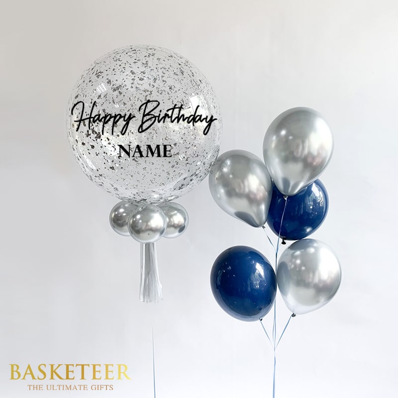 Grey and blue balloon gift set with silver confetti bubble and metallic balloons for celebrations