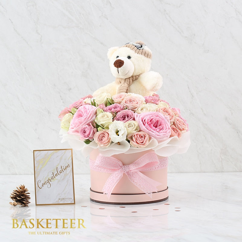 Pastel pink and white roses with teddy bear in luxury gift box, perfect for birthday and celebrations