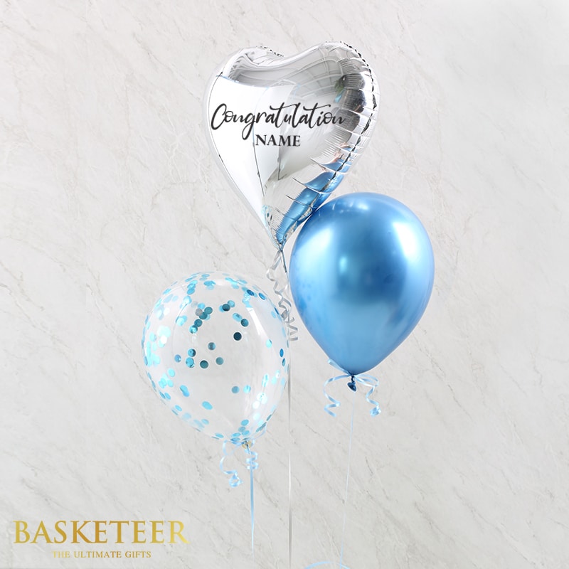 Silver heart congratulations balloon set with blue latex and confetti balloon, light blue ribbon