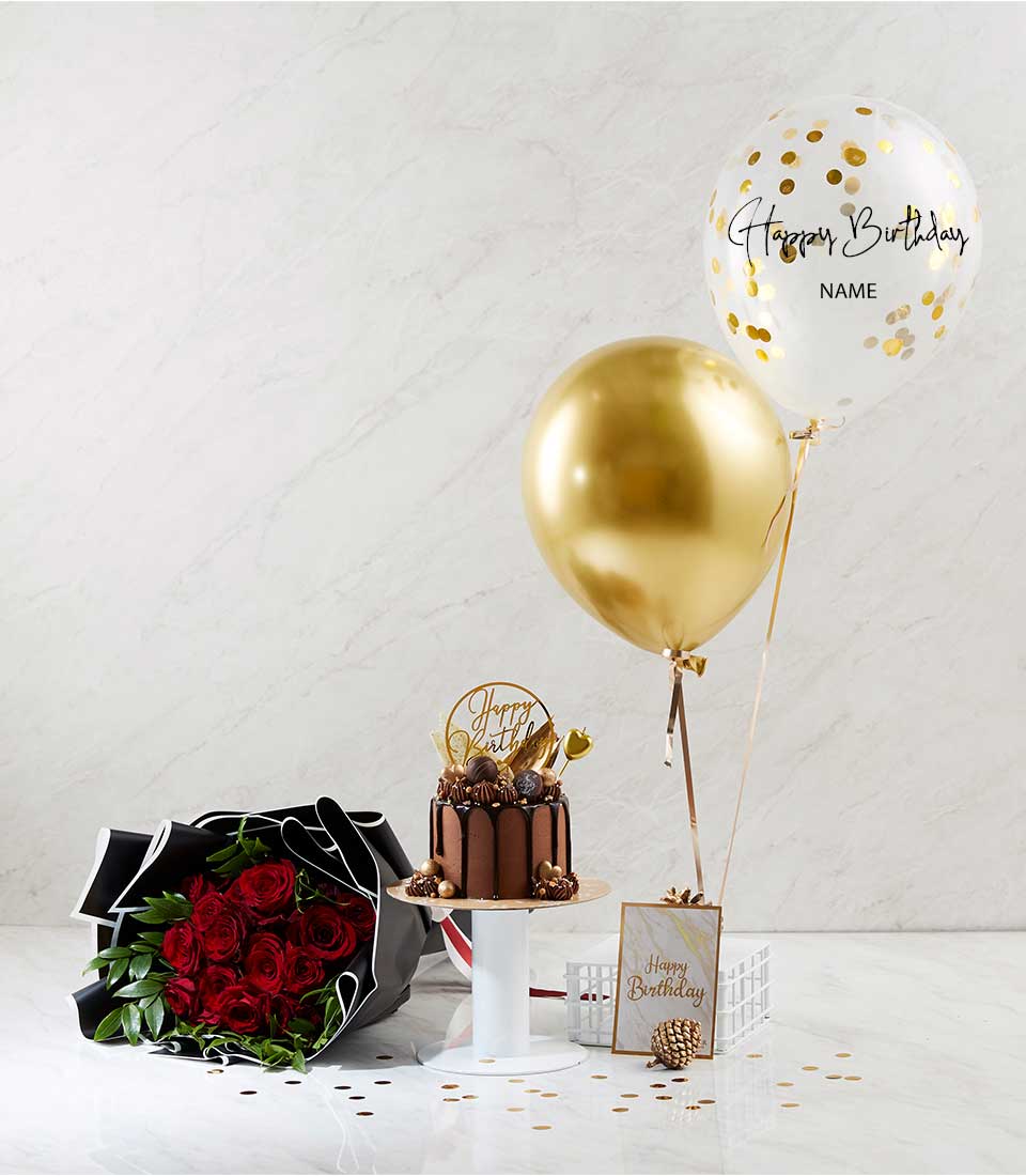 Red roses with chocolate cake, gold balloons, and confetti for birthday gifting