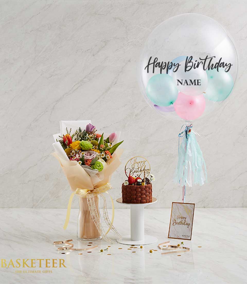 Bright flower bouquet with chocolate berry cake and pastel birthday balloons gift set