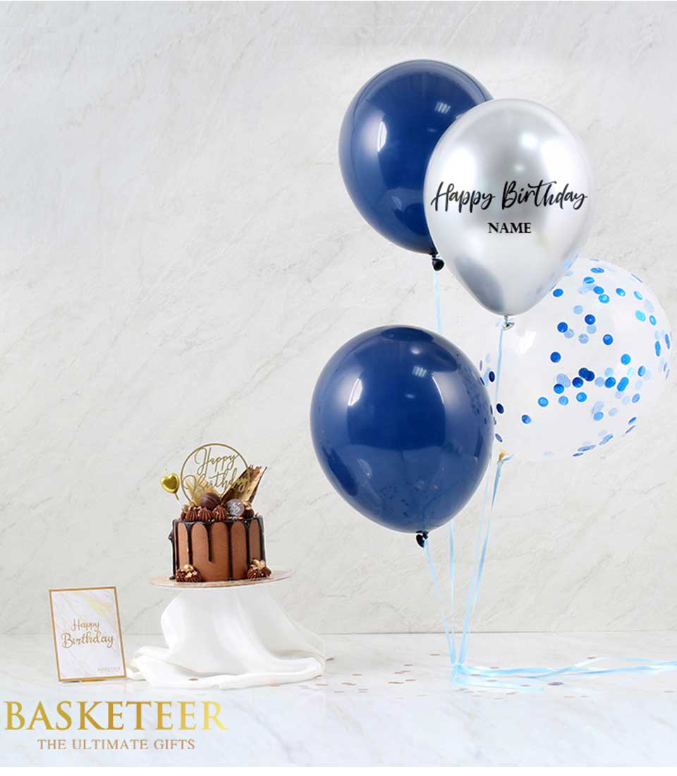 Chocolate cake with blue balloons and Happy Birthday card gift set