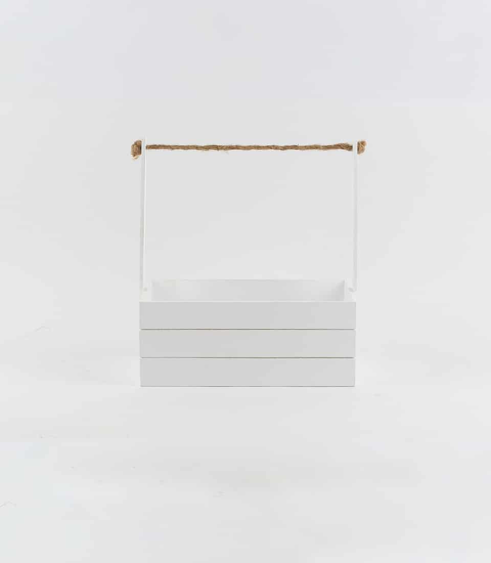 White wooden crate with natural twine handle, ready for custom gifting