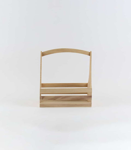 Light wooden crate with arched handle and natural slatted design, ready to fill with premium gifts