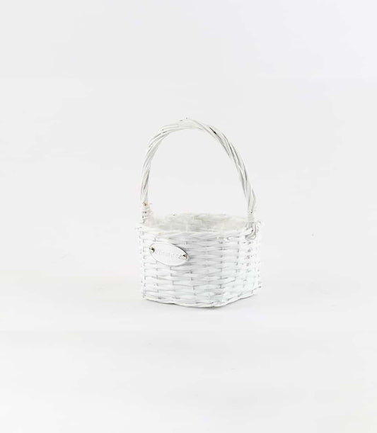 White square wicker basket with arched handle and fabric lining for luxury gift presentation