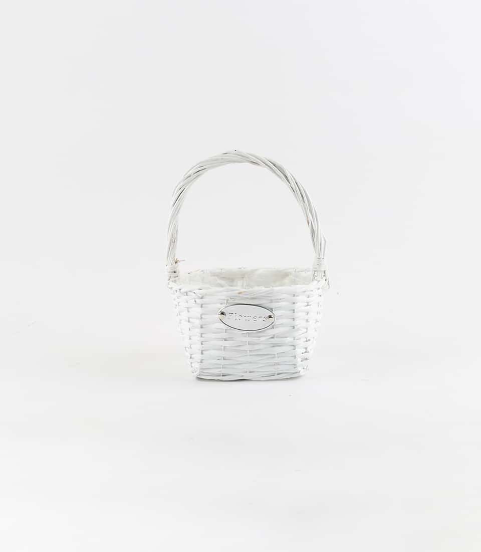Small white wicker gift basket with silver Flowers plaque and fabric liner