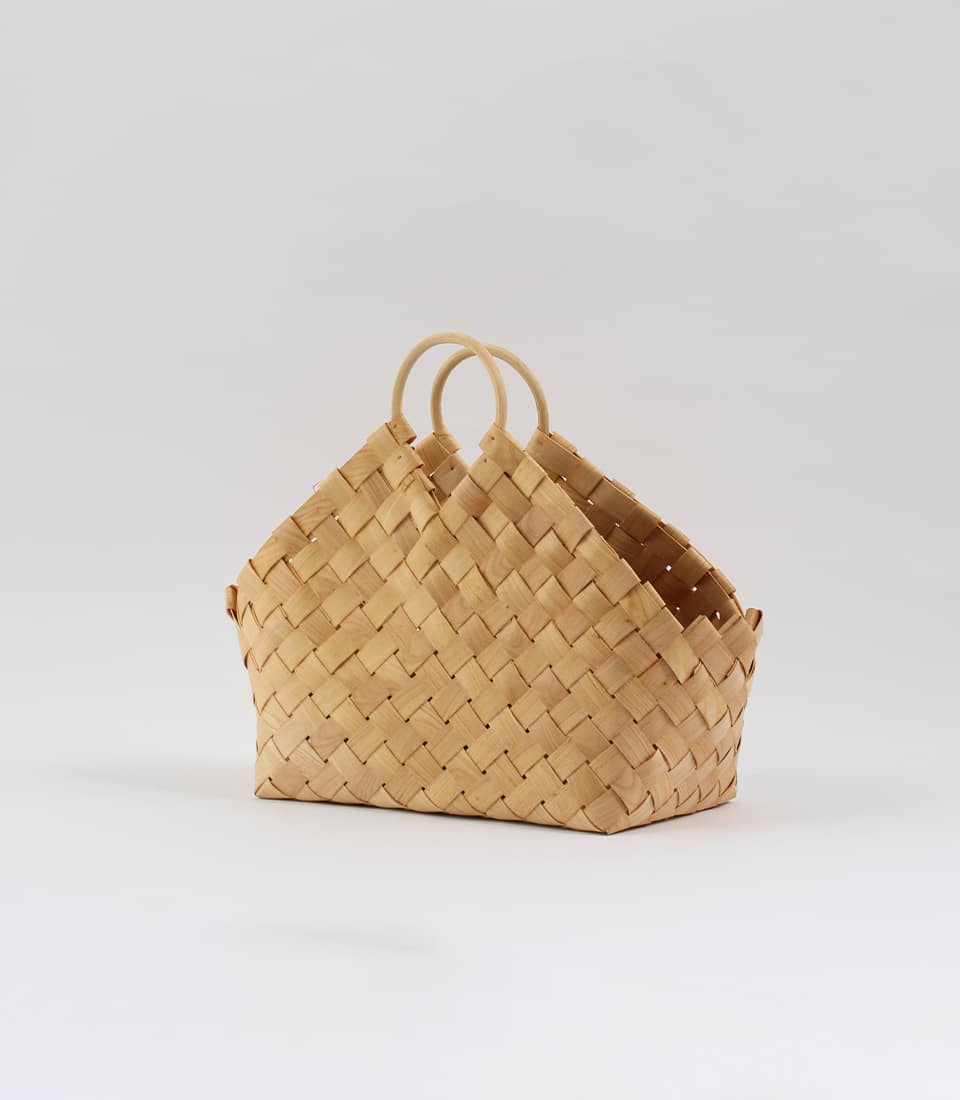 Light wooden woven basket with dual arched handles, rectangular base, diagonal weave pattern