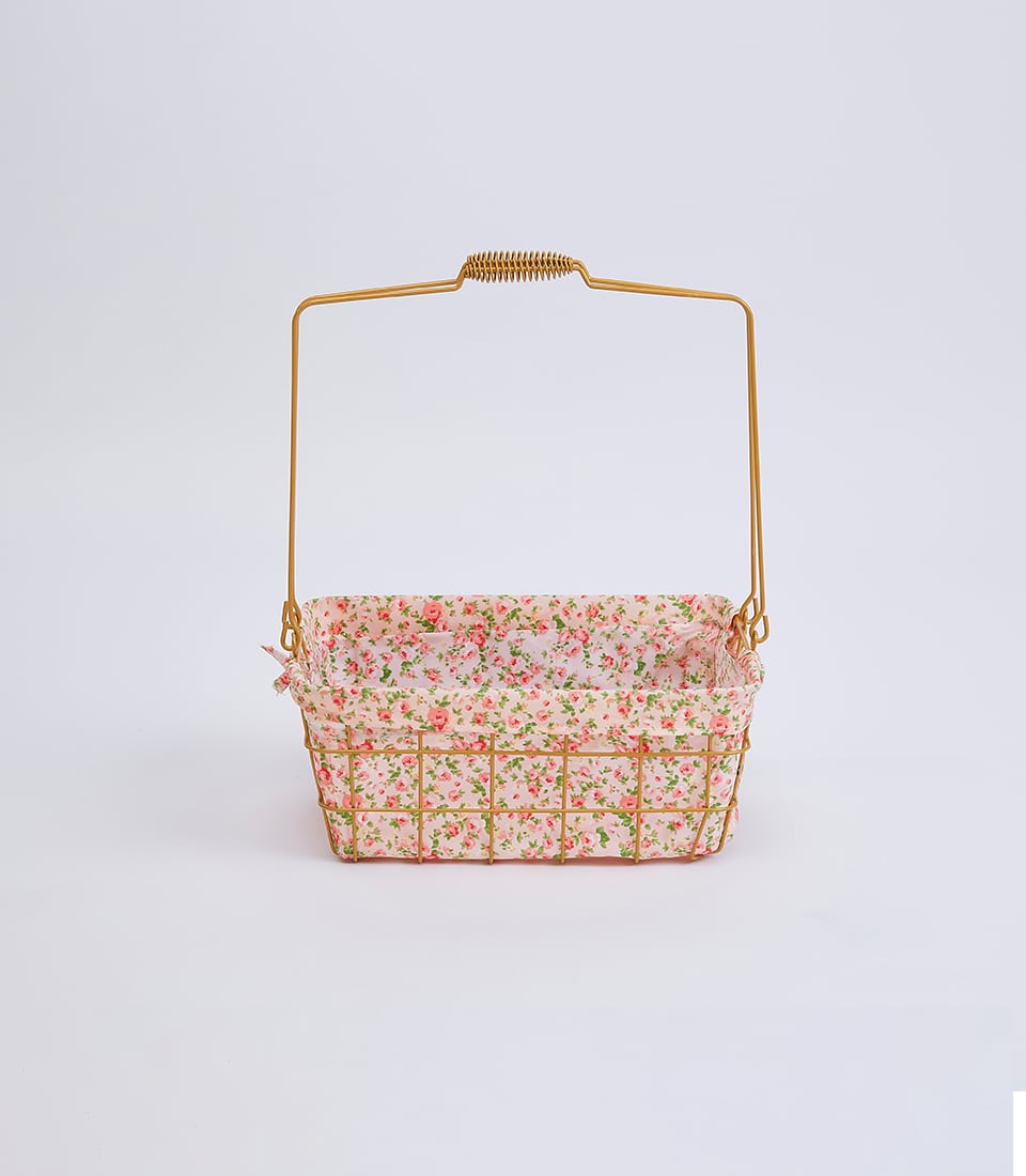 Gold wire basket with floral fabric lining and spring handle