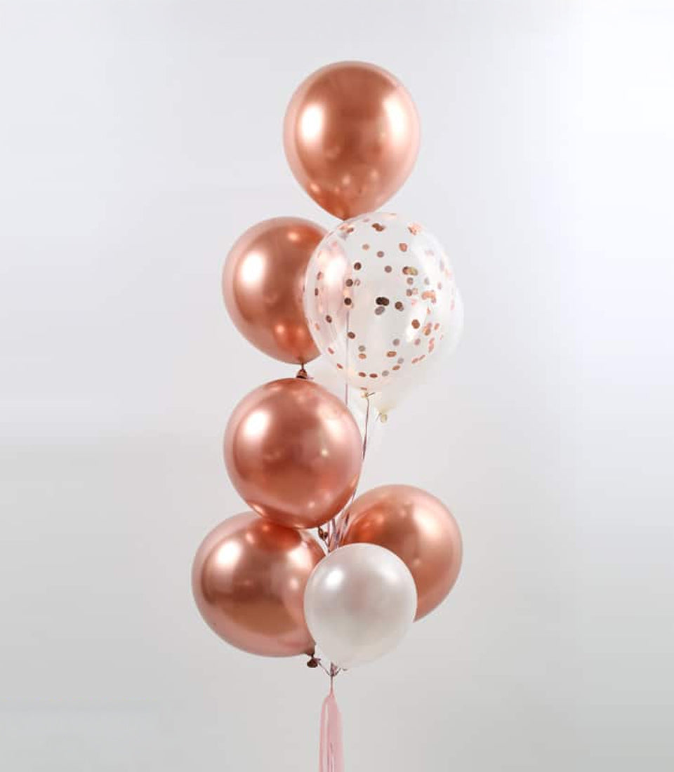 Rose gold and white balloon bouquet with confetti, get well gift arrangement