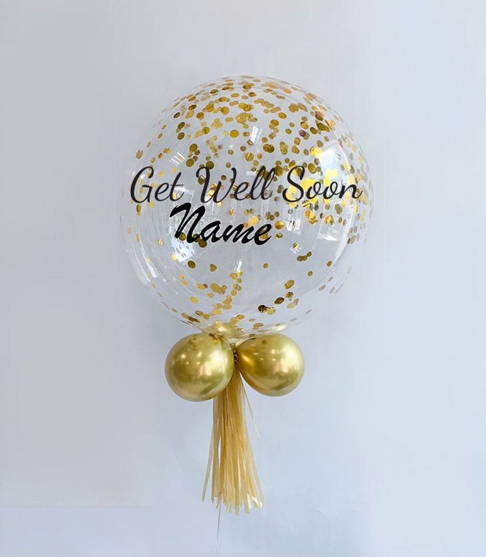 Gold confetti balloon with personalised Get Well Soon message and metallic gold tassel