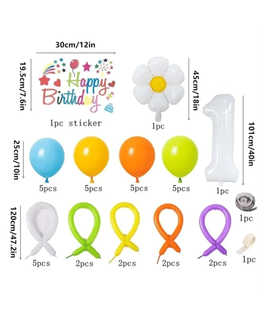 Daisy and number balloon set with Happy Birthday sticker for kids' first birthday party decoration