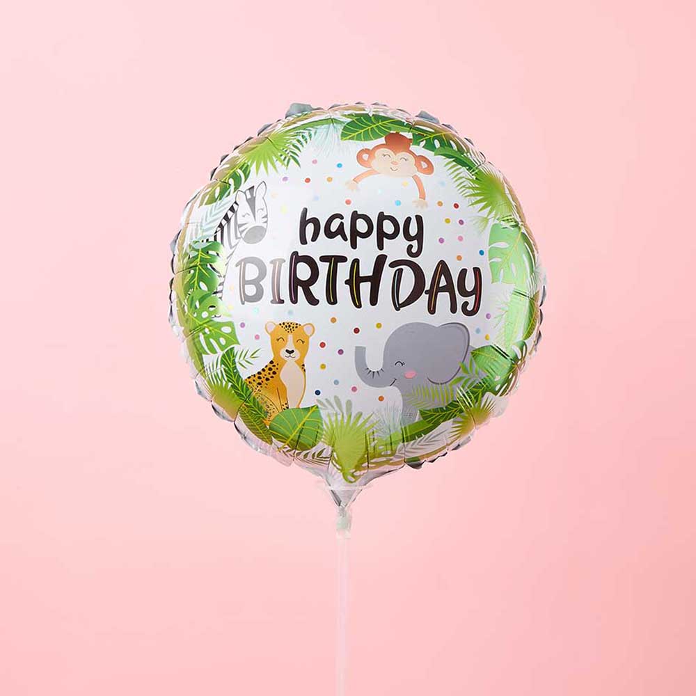 Basketeer gift add-on: A festive "Happy Birthday" balloon with jungle animal cartoons. Perfect for a premium hamper delivery in Thailand.