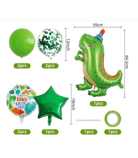 Vibrant green dinosaur party balloon set with foil dino figure, confetti balloons, and birthday decorations for kids