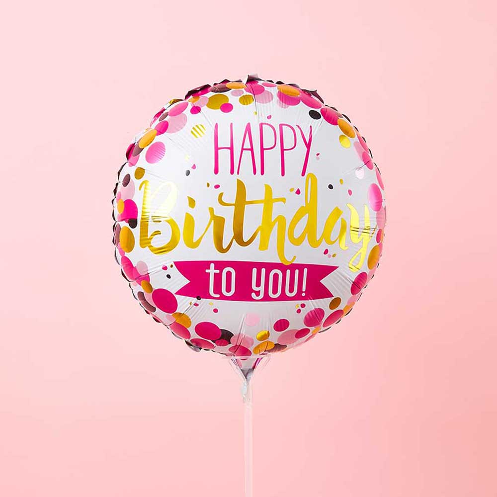 Pink and gold Happy Birthday foil balloon with confetti design and ribbon stick