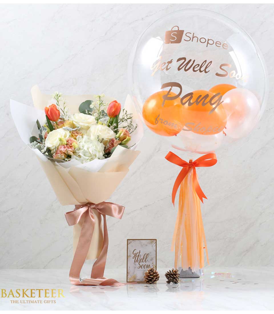 Orange tulip and white rose bouquet with personalized balloon combo gift set