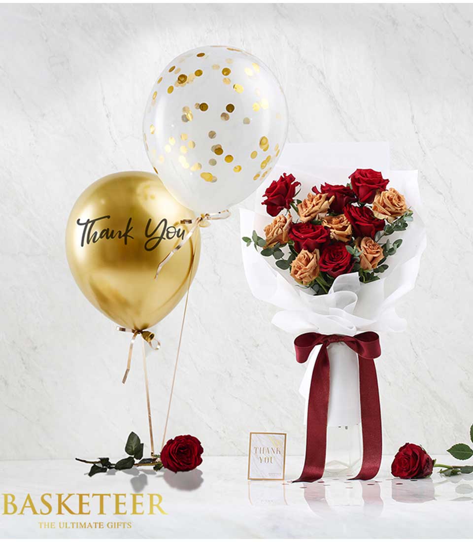 Red and peach roses with gold confetti balloon and thank you card gift set