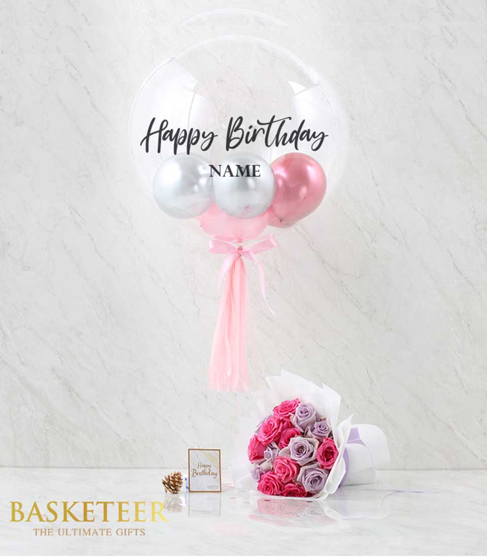 Pink roses and silver balloons birthday combo with personalized bubble balloon and tulle accent