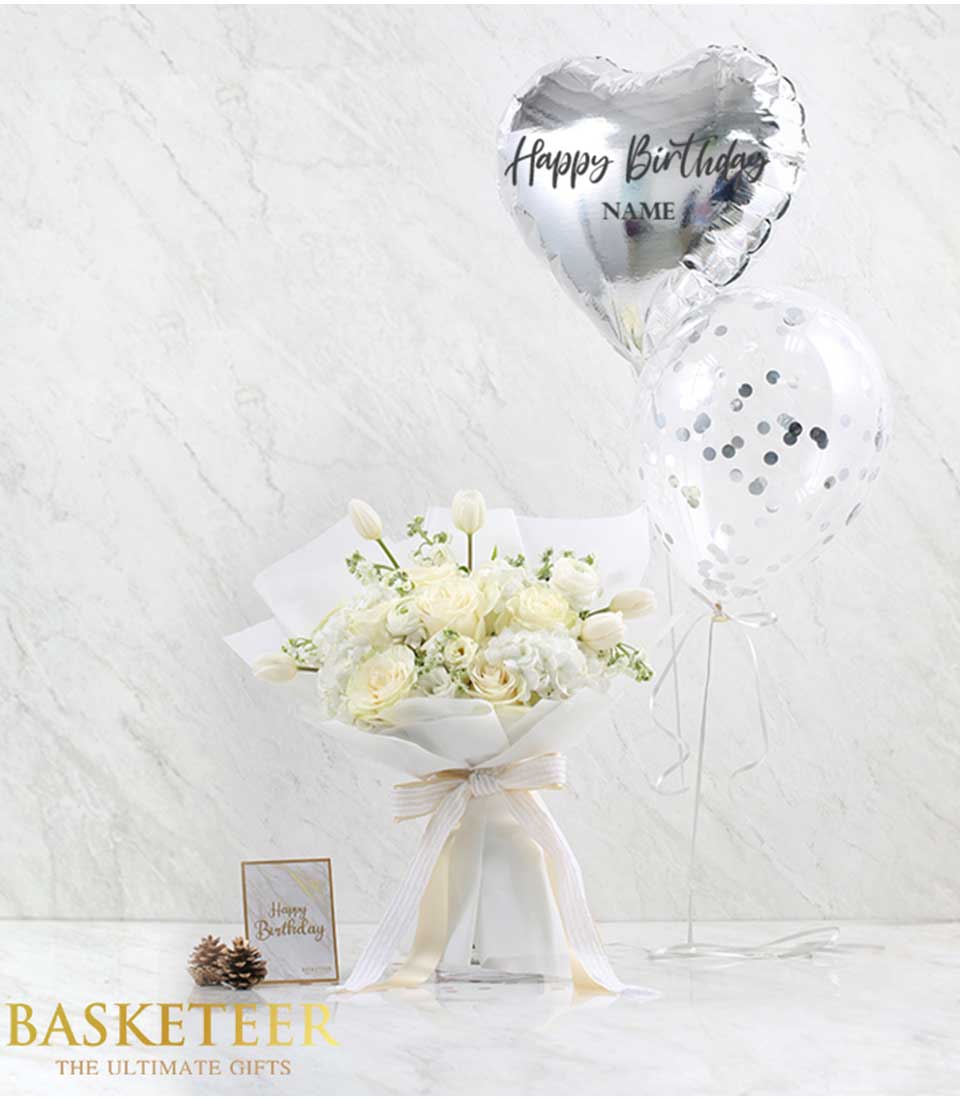 Gray heart balloon and white rose bouquet birthday combo with silver confetti balloon