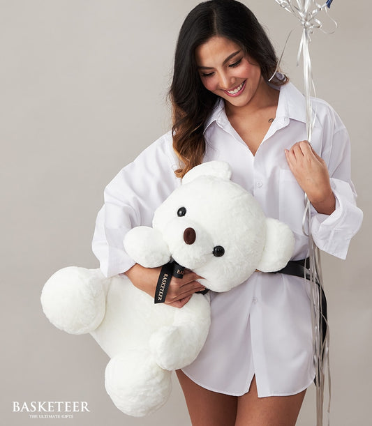 White teddy bear with blue and silver balloons birthday gift set