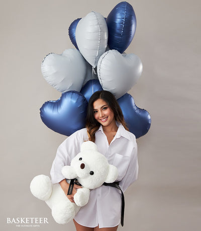 Blue heart balloons and white teddy bear birthday gift set