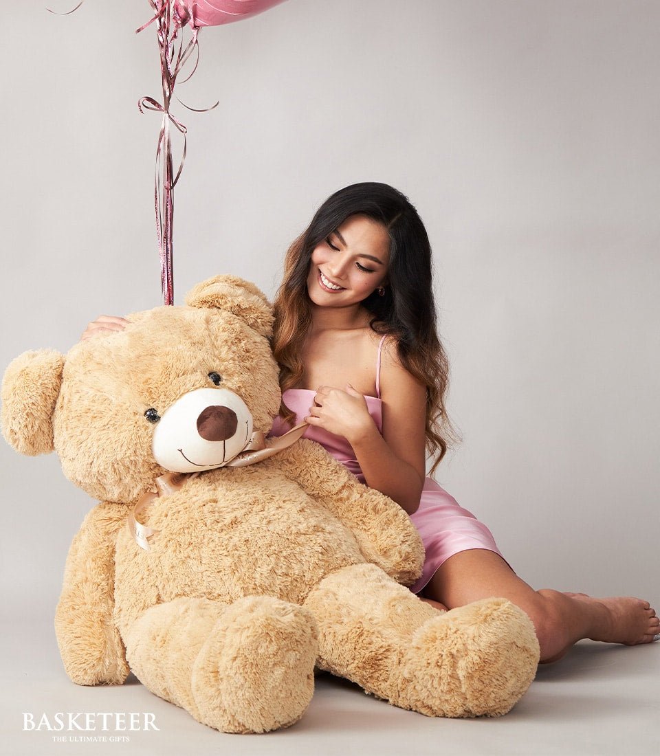 Large plush teddy bear with champagne ribbon bow and pink heart balloons gift set for her
