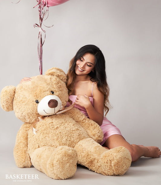 Large plush teddy bear with champagne ribbon bow and pink heart balloons gift set for her
