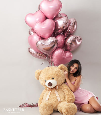 Giant teddy bear with pink heart balloons birthday gift set for her