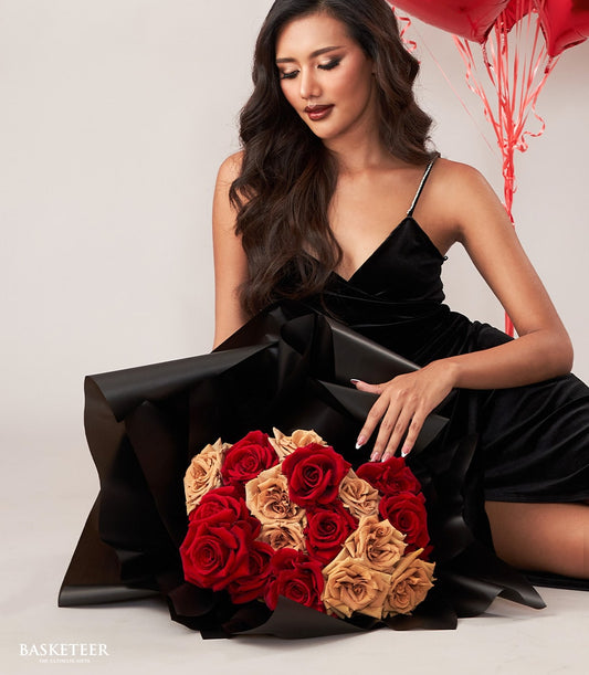 Luxury red and golden rose bouquet with heart balloons, premium Valentine's gift set for celebrations