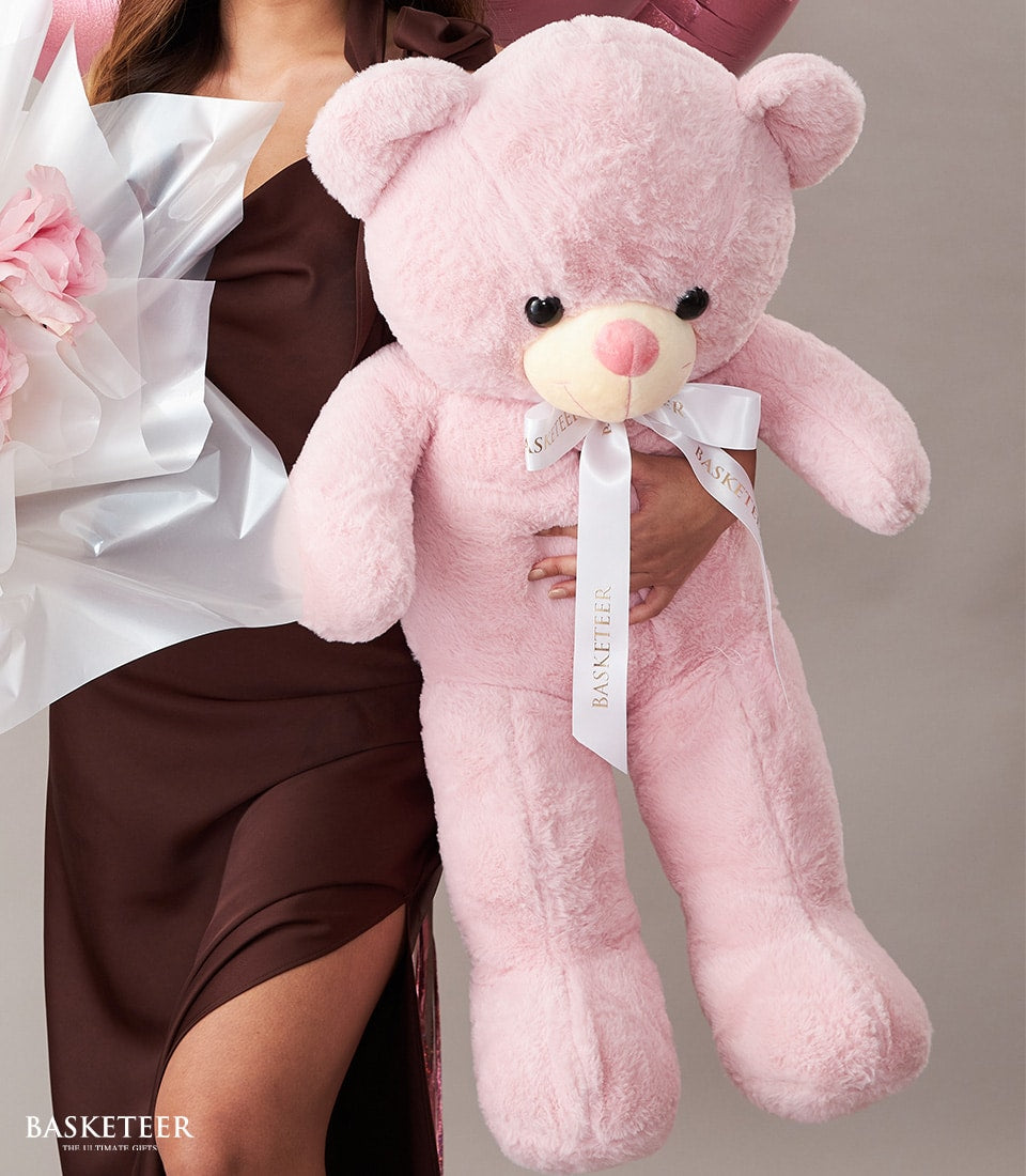 Pink rose bouquet with oversized blush teddy bear and satin ribbon, luxury birthday gift set for her