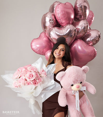 Luxury pink rose bouquet with giant teddy bear and heart balloons, romantic birthday gift set for her