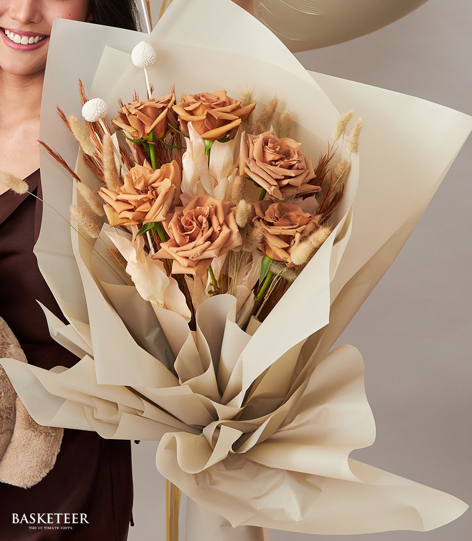 Cream and terracotta rose bouquet with dried grasses and soft teddy bear, birthday gift set with balloons