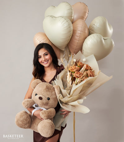 Cream and white balloon bouquet with dried rose arrangement and fluffy teddy bear birthday gift set