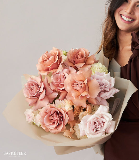 Romantic mocha and blush rose bouquet with heart balloons for Valentine's Day