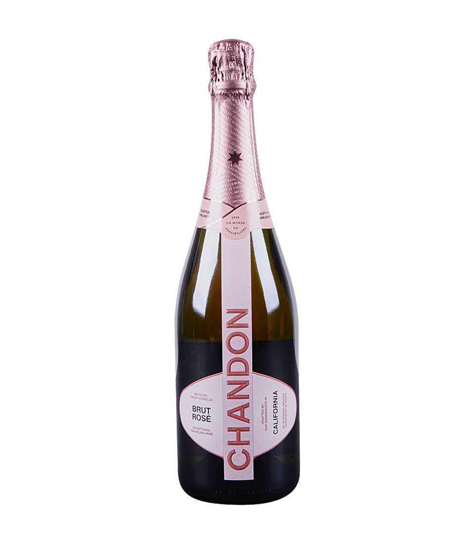 Chandon Brut Rosé sparkling wine bottle with pink foil and label on white background
