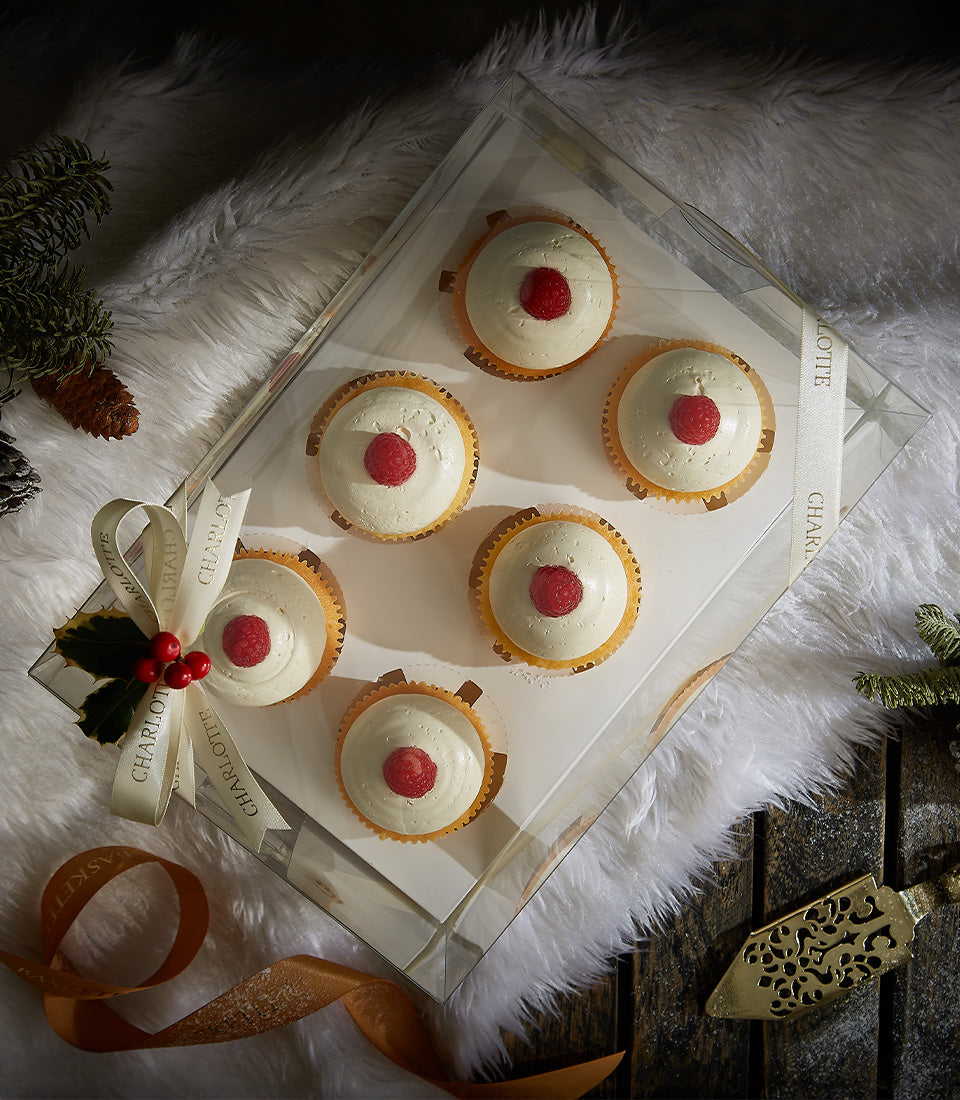 Raspberry stuffed snowball cupcakes with creamy frosting in luxury gift box, Charlotte Bakery Christmas treats