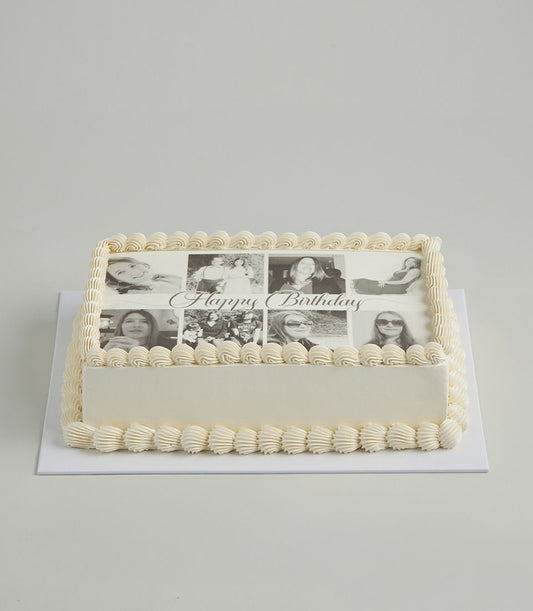 Personalised vanilla layer cake with white frosting and edible photo collage for custom birthday celebrations